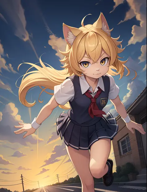 masterpiece, best quality,1girl,furry,road to school ,rim lighting,dynamic angle blonde,servalcat,perfect light,running faster ,...