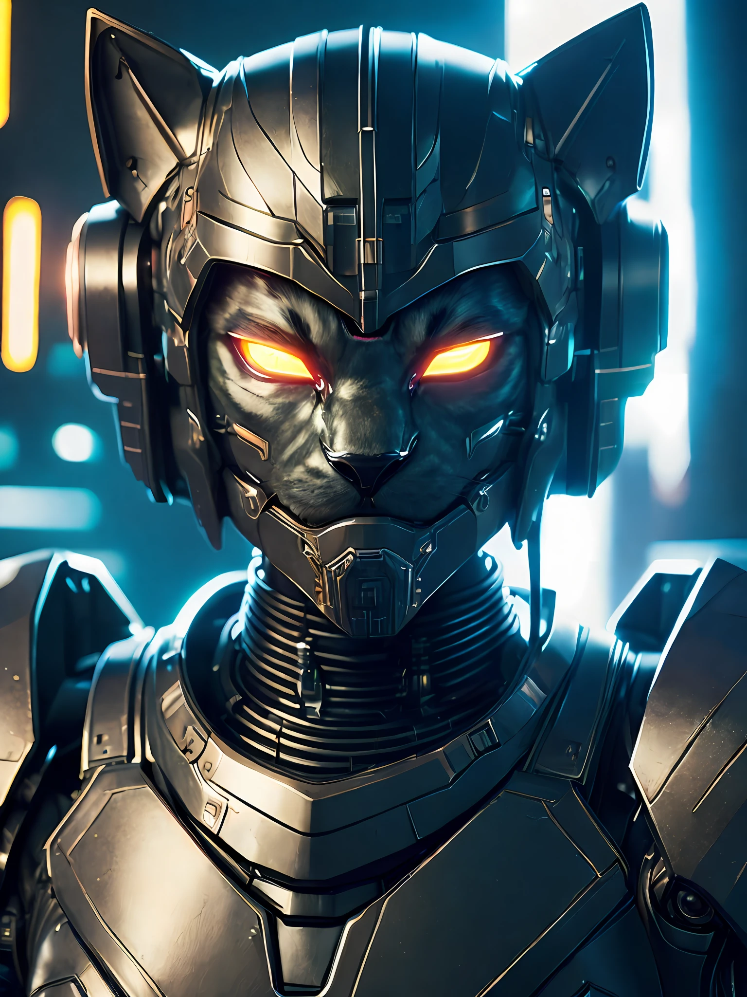 Eine süße Katze als Weltuntergangskiller, realistic scifi cyberpunk power armor robot, closeup portrait filmisch, 8k, HDR, ((komplizierte Details, hyperdetailliert)), (Hintergrundbeleuchtung:1.3), (filmisch:1.3), (ArtStation:1.3)