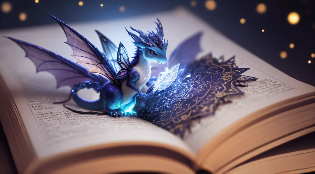 clean background, depth of field, large aperture, photography, night, small stars, open enchanted book with magical creatures co...