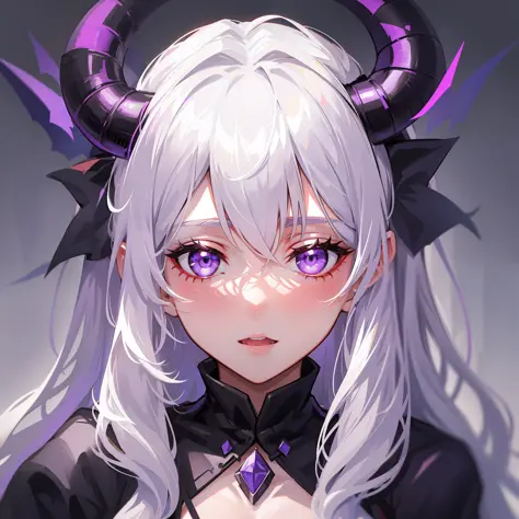 Girl with dragon horns, white hair, purple eyes, black dress