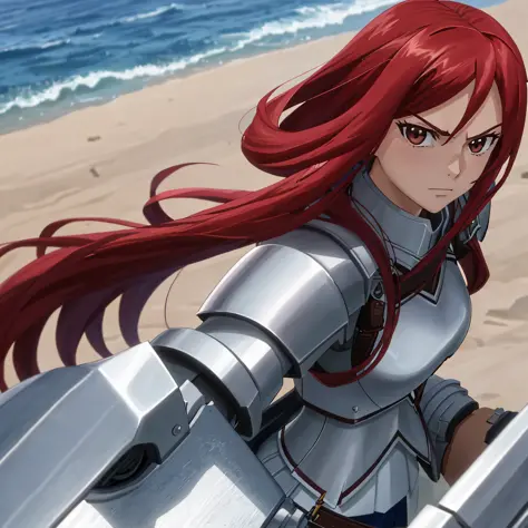 1girl, solo, erza scarlet, fairy tail, red hair, brown eyes, long hair, looking at viewer, serious, close-up, closed mouth, sidelocks, armor, upper body,