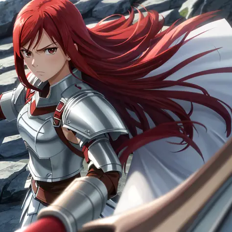 1girl, solo, erza scarlet, fairy tail, red hair, brown eyes, long hair, looking at viewer, serious, close-up, closed mouth, side...