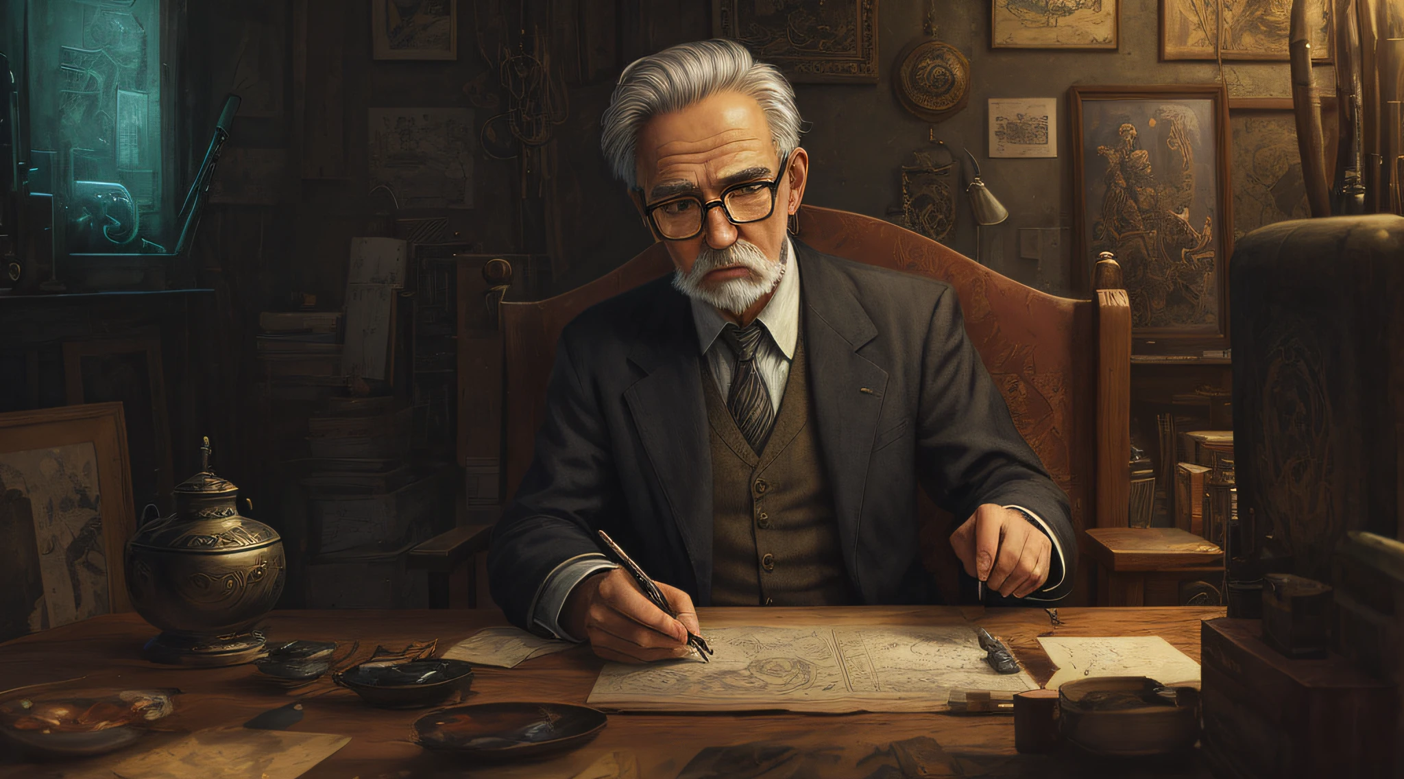 oldman in chair, complex stuff around, intricate in the background, art, close up, painting, detailed, cartoon, cinematic shot, fantasy, low saturation, vignette, [hdr]