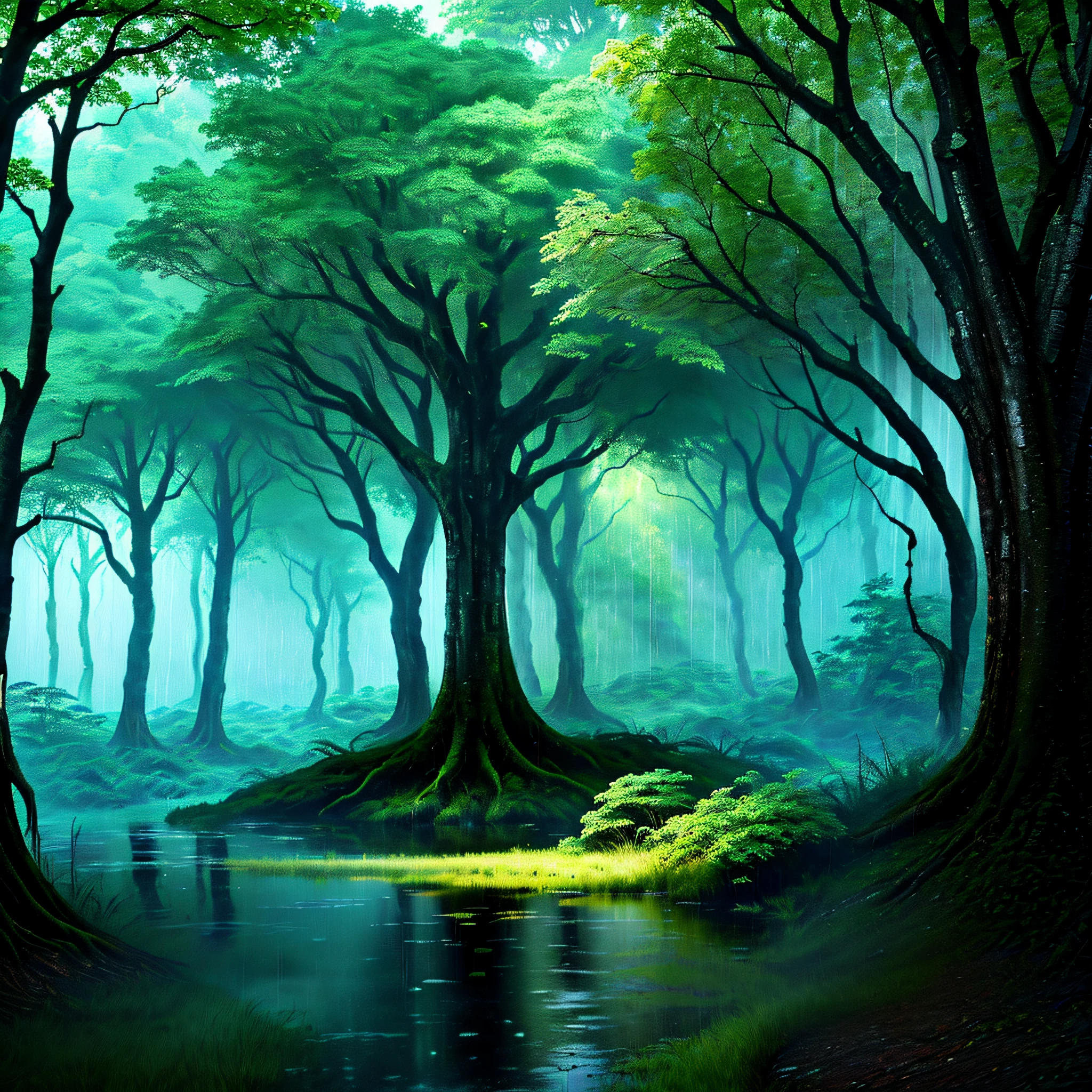 добавьте дождь на изображение и сохраните лес в зеленоватом цвете