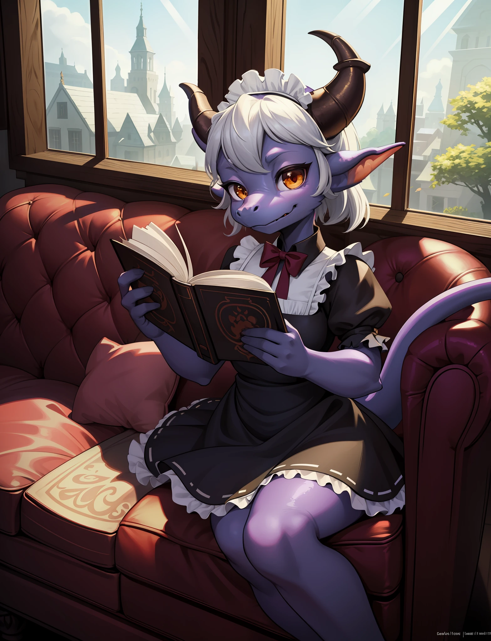 masterpiece, best quality, 1girl, furry, horn,(Kobold:1.2),side of windows, perfect light,sit,dark skin,animal nose,solo,dragon female,tail,detail fur adorable,maid dresss, looking at viewer