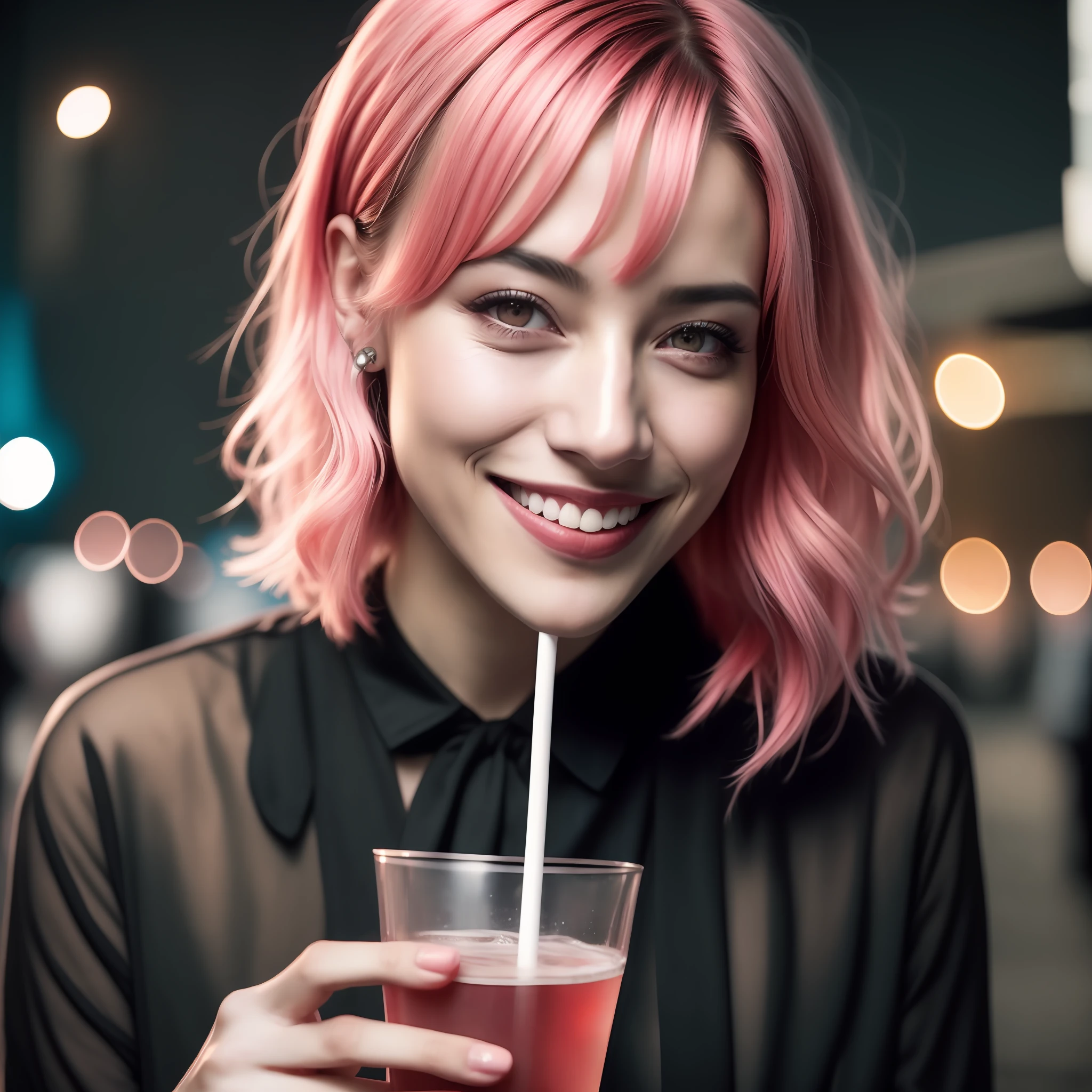 85mm photo portrait of a cute girl, smile, pink hair, 20 years old, flirting with camera, slate atmosphere, cinematic, faded colors, dark shot, muted colors, grainy film, lut, scary,drinking drink with straw in mouth sexy way at ballad, 
