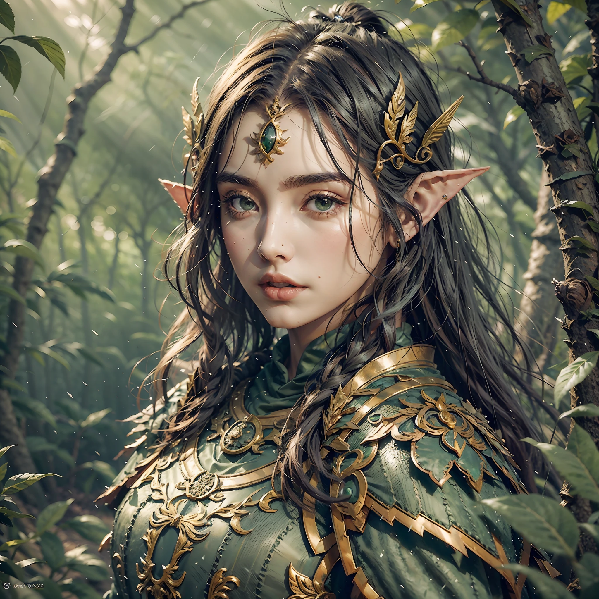 schöne Waldelfe, hübsches Gesicht, schöner Körper, Schwarzes Haar, Rüstung tragen, grüner Umhang, in einem Wald, 8k, extrem detailliert, ultrarealistisch --auto --s2