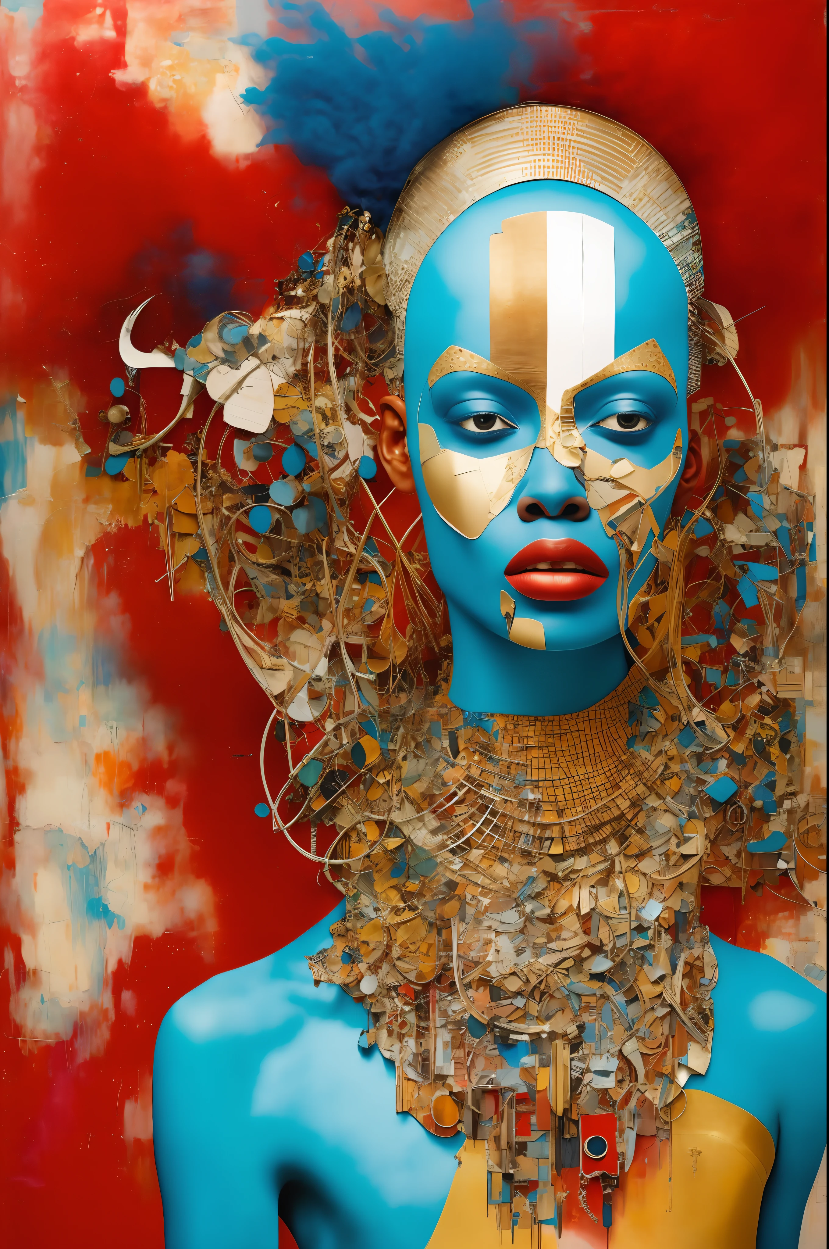 In the style of cyberpunk futurism, African influence, raw etam, light blue and gold, Michael Creese, Steelpunk, Michael Hussar, white background, best quality, high quality, editorial photo, absurdists, masterpiece, intricate detail, film grain, intense red