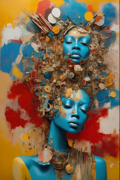 In the style of cyberpunk futurism, African influence, raw etam, light blue and gold, Michael Creese, Steelpunk, Michael Hussar,...