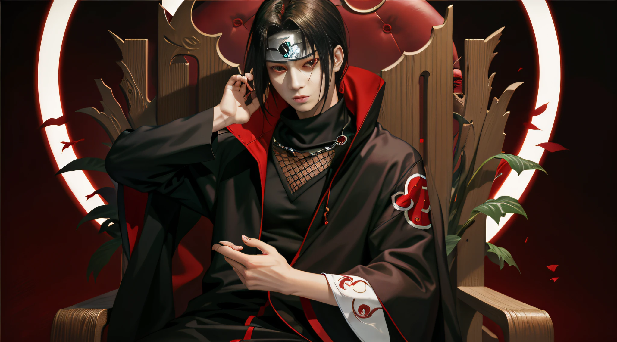 (masterpiece, best quality: 1.2), red theme, solo, male focus, a king on his throne, uchiha itachi, expressionless, mouth shut, looking at the viewer, forehead protector, ninja, cape, turtleneck, jewelry, necklace