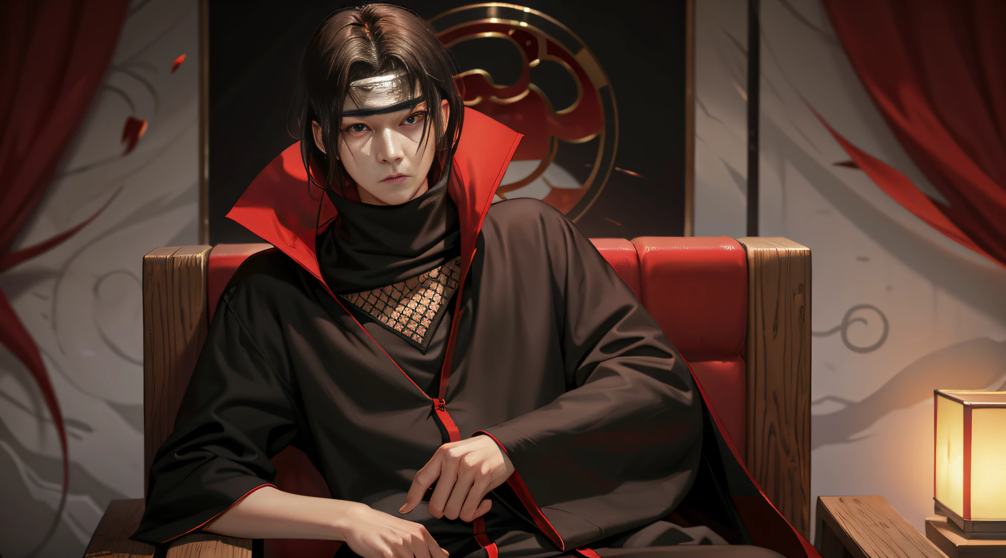 (masterpiece, best quality: 1.2), red theme, solo, male focus, a king on his throne, uchiha itachi, expressionless, mouth shut, looking at the viewer, forehead protector, ninja, cape, turtleneck, jewelry, necklace