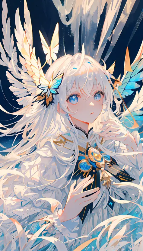 Masterpiece, girl, upper body, extra-long hair, white lace finger gloves, ((prayer)), white big wings, white sea of clouds, white dress, silver hair, blue eyes, silver crown, portrait centered, white ribbon, cold face, butterfly, ((symmetrical)),, {masterp...