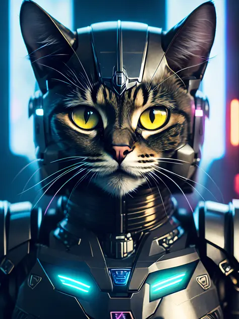 Cute cat as Doomsday Killer, realistic sci-fi cyberpunk power armored robot, close-up portrait movie, 8k, hdr, ((intricate detail, super detailed)), (backlight: 1.3), (movie: 1.3), (ArtStation: 1.3)