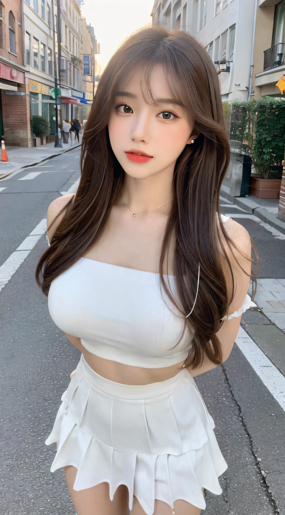 ((Best Quality, 8K, Masterpiece: 1.3)), (Cute Hairpin: 1.3), Focus: 1.2, Perfect Body Beauty: 1.4, Buttocks: 1.2, Very Large Breasts: 1.4 ((Layered Haircut: 1.2)), , (Dark Street: 1.3), Highly detailed face and skin texture, Full body, delicate eyes, Double eyelids, whitened skin, very long white slightly curly hair, (melon face: 1.5), (Short skirt: 1.6),