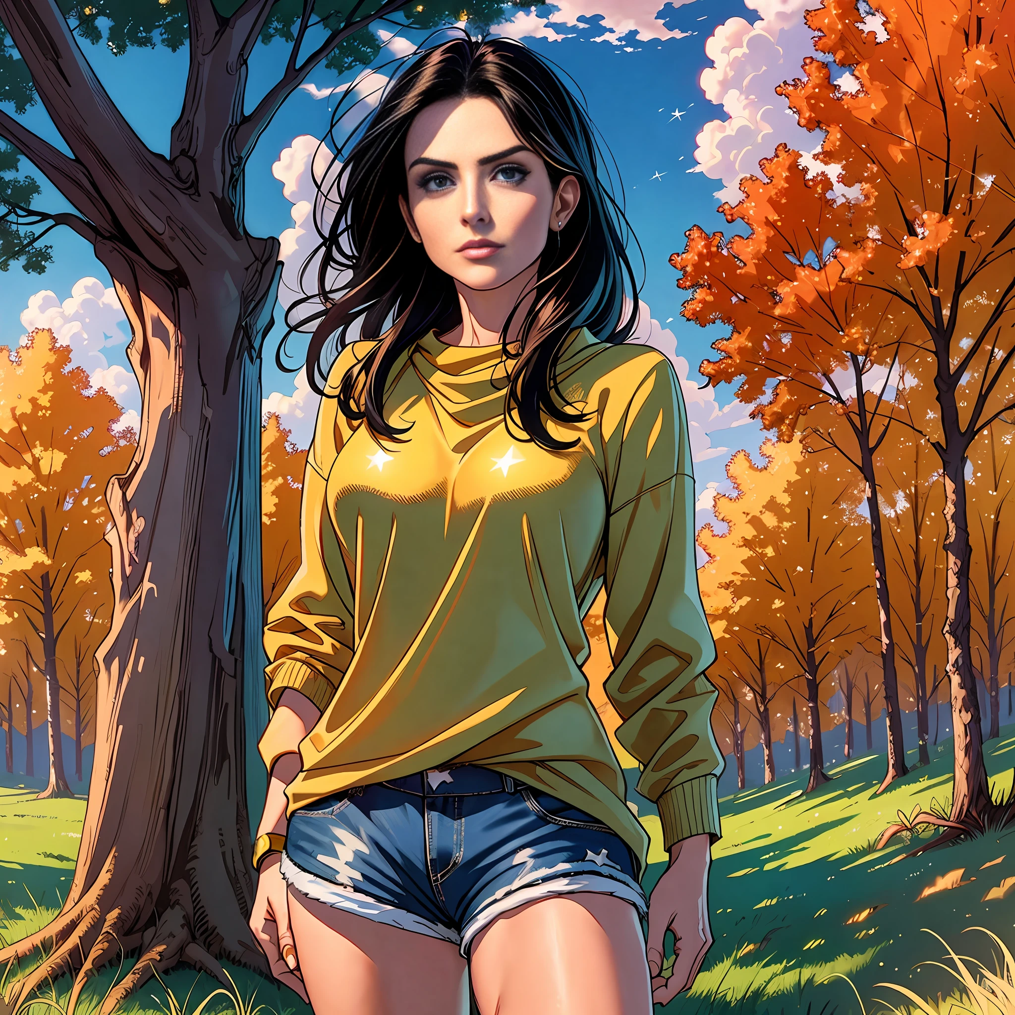 A close up of a woman in shorts and a yellow shirt - SeaArt AI