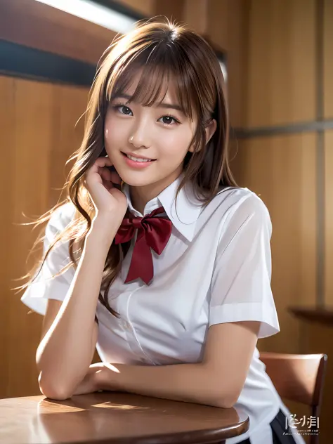masterpiece, upper body shot, front view, a Japanese young pretty woman, sitting a chair and resting her chin in her palm with big smile, glamorous figure, wearing a short sleeves white collared shirt with shiny red satin plain bow tie, absolutely pretty f...
