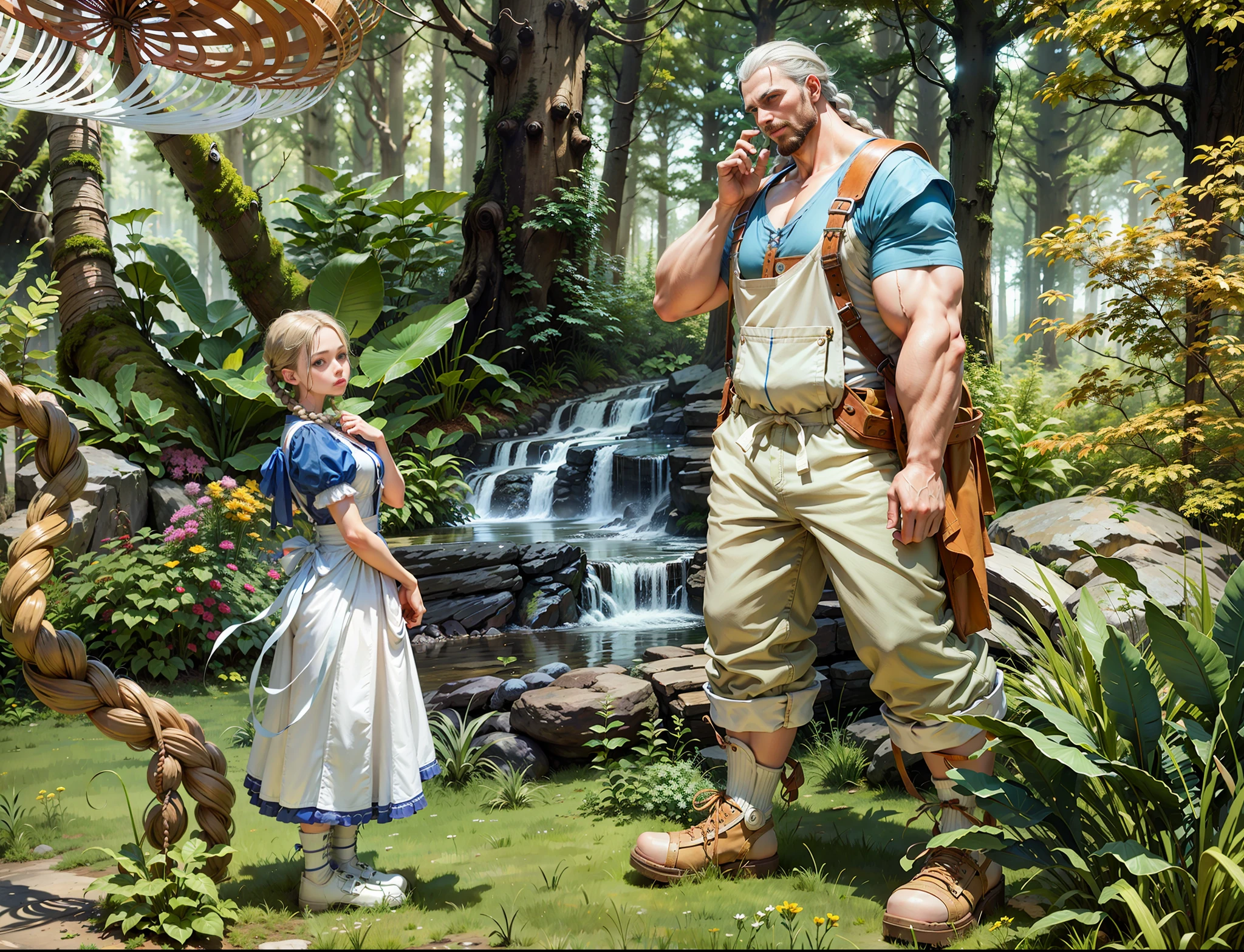 High quality, a girl and a tall boy, girl wearing blue top white apron with double braids, boy wearing suspenders with patched up, sideways, background is fantasy from forest, 8K, realism, correct anatomy, perfect limbs, perfect fingers, background blur, ray tracing