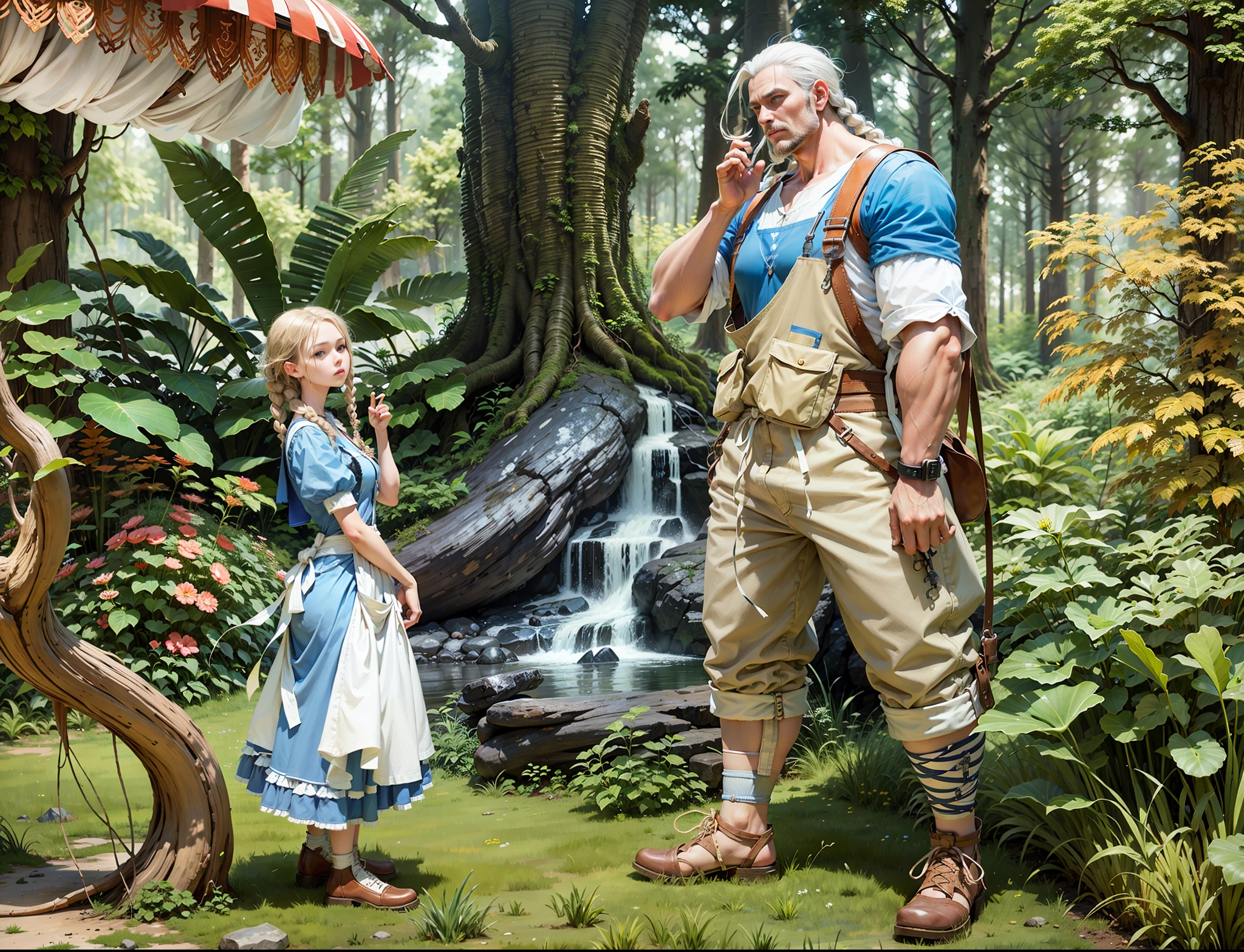 High quality, a girl and a tall boy, girl wearing blue top white apron with double braids, boy wearing suspenders with patched up, sideways, background is fantasy from forest, 8K, realism, correct anatomy, perfect limbs, perfect fingers, background blur, ray tracing