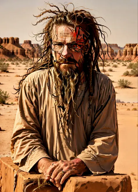Tom Cruise man with long hair and beard sitting on a rock in the desert, long beard, very long white beard and hair, extremely l...