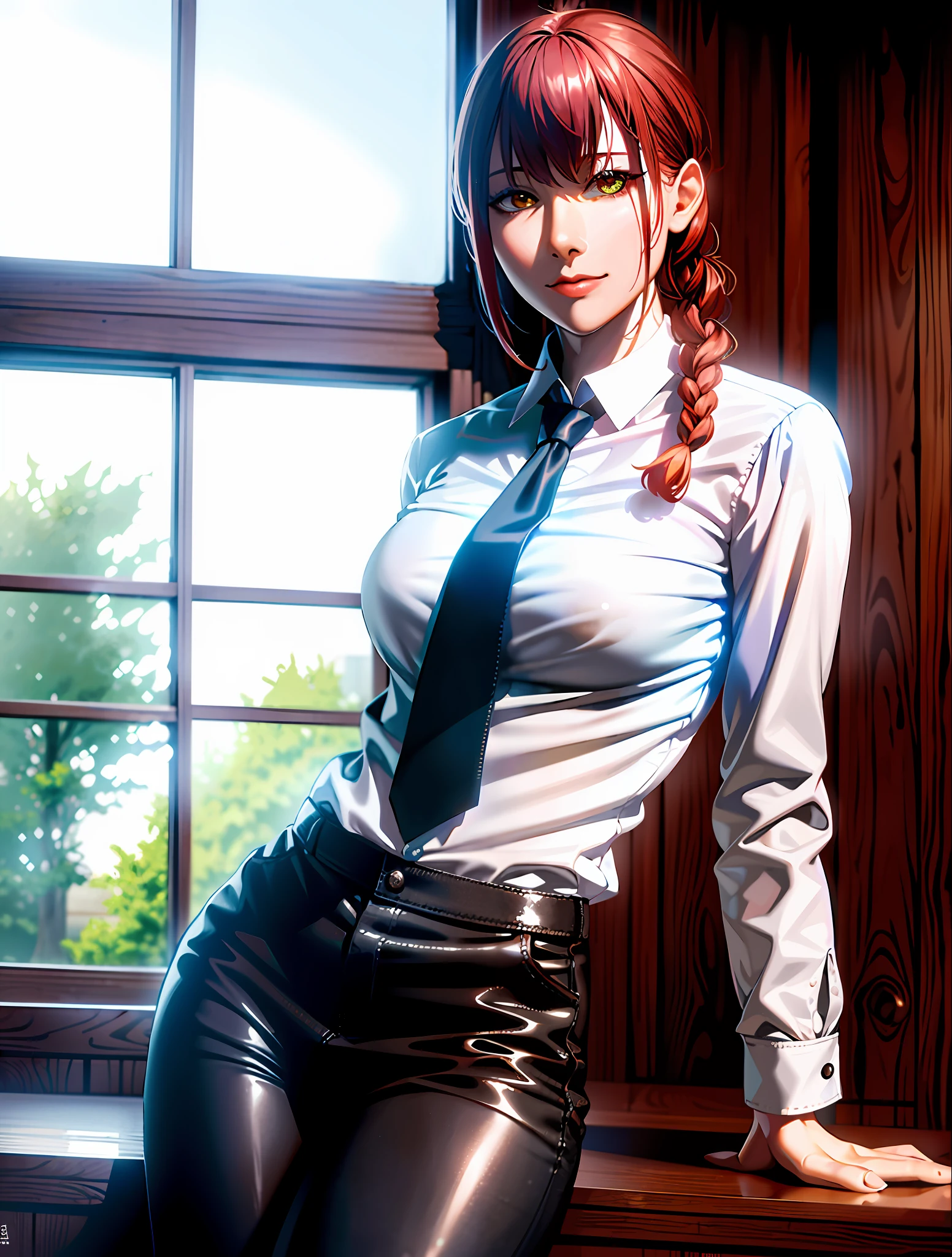 Detailed shiny skin, (realism, fidelity: 1.4), a beautiful girl, standing, looking out the window, white shirt, collared shirt, black tie, black pants, long sleeves, smile (nose red), yellow eyes + dark circles, short hair + red hair + long braids, makima \ (chainsawman \),