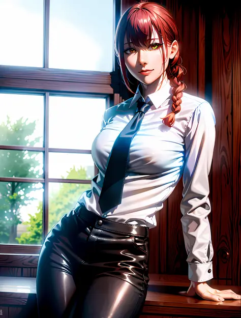 Detailed shiny skin, (realism, fidelity: 1.4), a beautiful girl, standing, looking out the window, white shirt, collared shirt, black tie, black pants, long sleeves, smile (nose red), yellow eyes + dark circles, short hair + red hair + long braids, makima ...