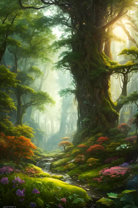 masterpiece, best quality, high quality,extremely detailed CG unity 8k wallpaper, An enchanting and steamy scene of a fantasy forest, with towering trees, glowing mushrooms, and hidden fairy glens, creating a sense of mystique and enchantment, artstation, ...