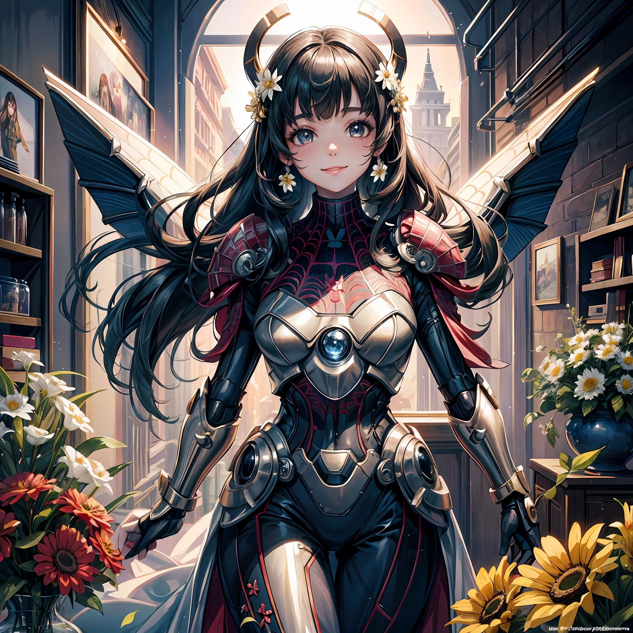best quality,masterpiece,8k,1girl,day,light smile,spiderwomen,flower Science fiction,Imperial armor,magnificent,domineering,high-end,High grade,