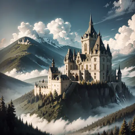 Masterpiece, Maximum detail, Maximum clarity, Baroque, Rational proportions, Logical proportionality, Maximum detail of small things, Baroque castle on a hill, Daytime, Thick black clouds, Dense spruce forest, Fog, No people, High particle smoothing, Seaso...