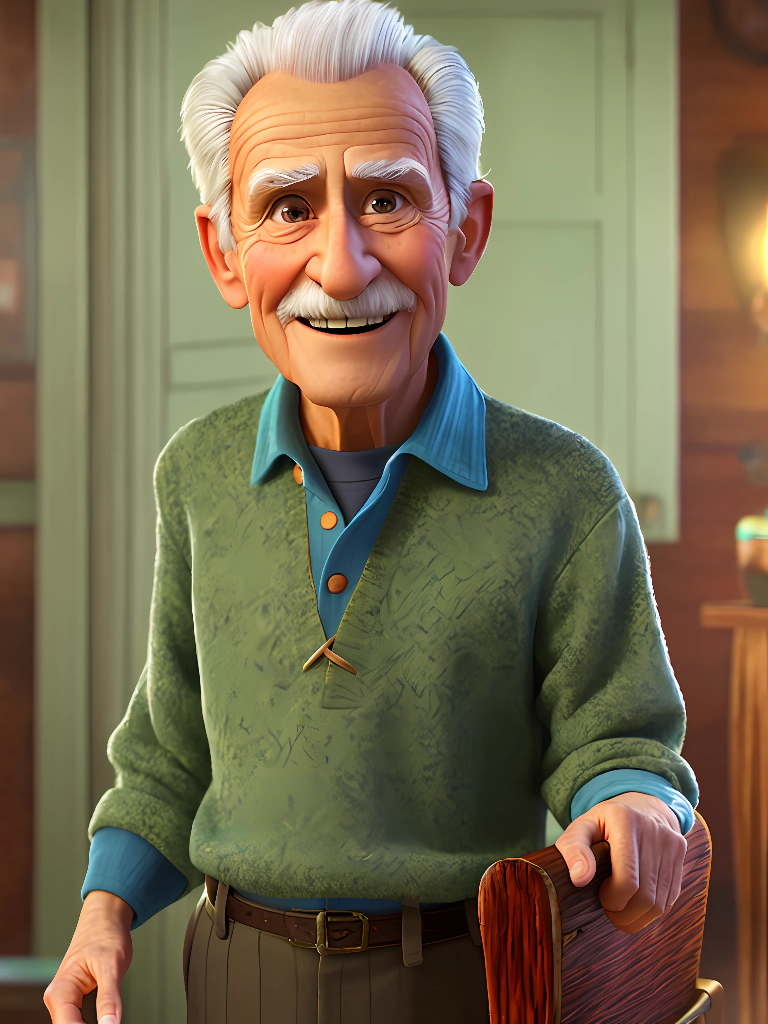 Pixarstyle Um retrato na altura da cintura de um homem idoso com roupas sociais, sorriso, textura natural da pele, Texturas 4k, HDR, Intrincado, Altamente detalhado, foco nitído, aparência cinematográfica, hiper-detalhado, mãos nos bolsos