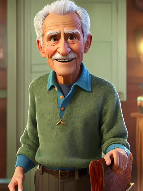 Pixarstyle A waist-high portrait of an elderly man with social clothes, smile, natural skin texture, 4K textures, HDR, intricate...