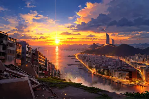 city of rio de janeiro collapsed, destruction of city, destroyed buildings, photo, high quality, sunset