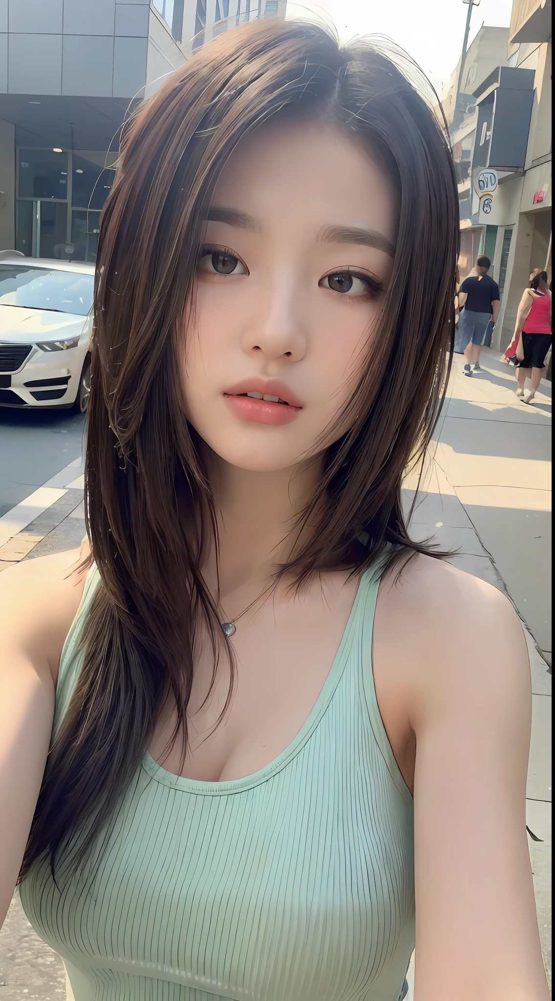 ((Best quality, 8k, Masterpiece :1.3)), Sharp focus:1.2, Perfect Body Beauty:1.4, Slim Abs:1.2, ((Layered hairstyle, Big breasts:1.2)), (Tank top shirt:1.1 ), (Street:1.2), Highly detailed face and skin texture, Fine eyes, Double eyelids, basketball jersey, holding a basketball,