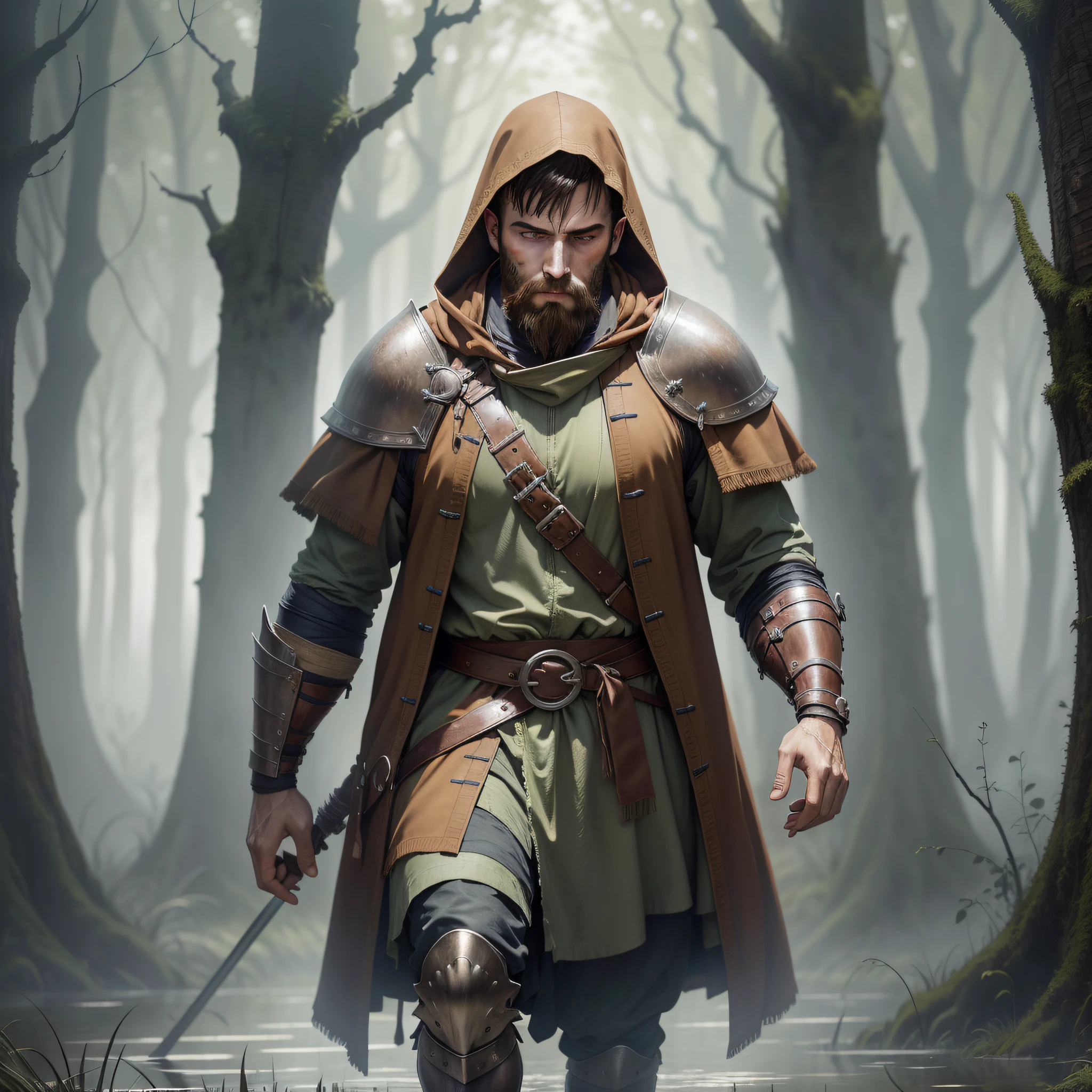 Ultra realistic image of a man with short brown hair, wounded, bruised and thin face, beard, dressed in medieval armor, a monk's hood on his head, walking, fog in the swamp, grim photograph