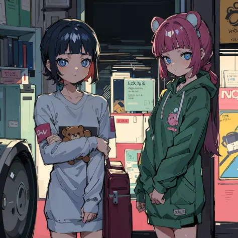 anime girl holding a teddy bear in front of a washing machine, 9 0 s anime aesthetic, in a laundry mat, anime aesthetic, lofi gi...