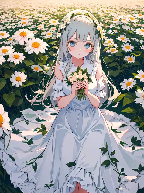 masterpiece, best quality, girl in soft clothes, girl looking at the endless flower field