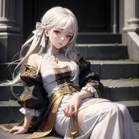 White-haired girl lying on her side on palace steps (best quality: 1.2), (detail: 1.2), (masterpiece: 1.2),