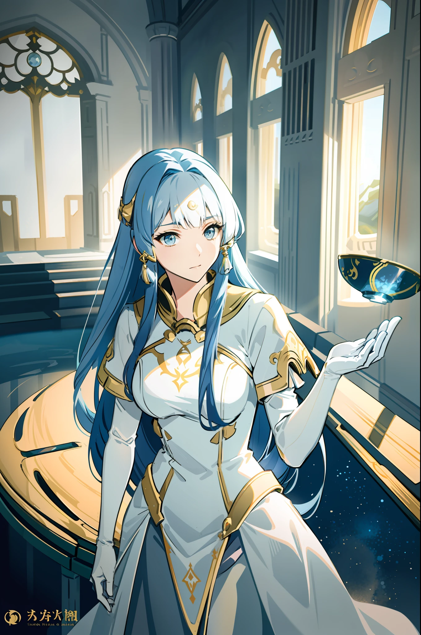 ((Ayaka)), a stunningly beautiful woman with long, flowing blue hair, radiates grace and elegance as she stands before me. Her delicate long white dress is adorned with beautiful gold trimmings that accentuate the curves of her (cleavage:0.3). The scene is set in the interior of a spaceship, filled with awe-inspiring technology and the quiet hum of deep space.