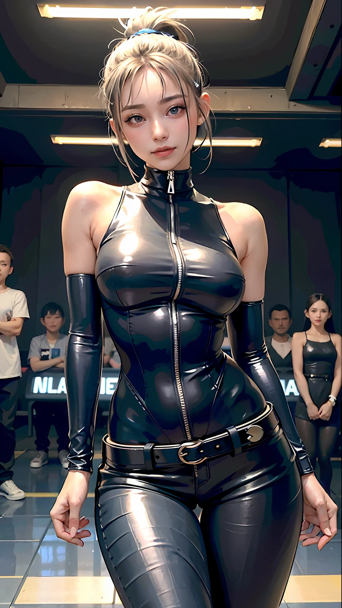 Lolita, smiling, 20 years old, ((best quality)), ((masterpiece)), (high definition:1.3), 3D, beautiful (cyberpunk:1.3), stylish woman looking at camera black leather clothes, sleeveless, embarrassed, waist skin invisible, blue-black leather pants, silver zipper,belt below the waist,super fine illustration,blond hair , showing forehead, silver center zipper, leather blue black bodysuit, sleevelesblue blacks, shiny, blonde ponytail