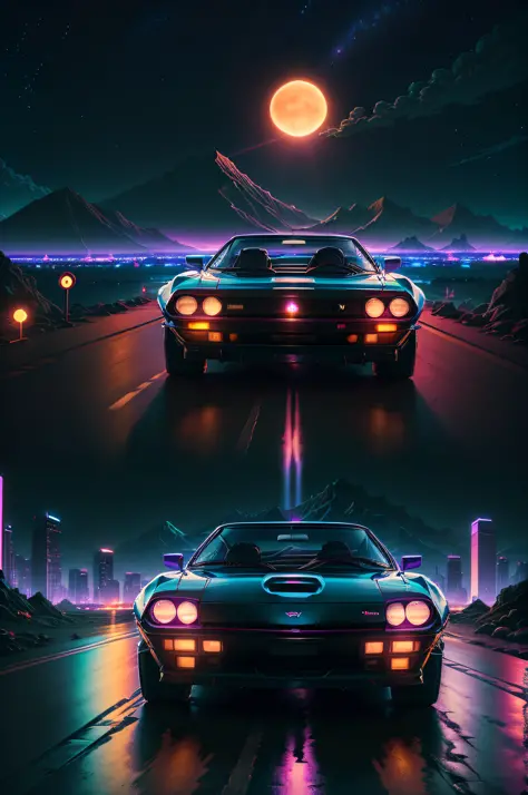 retrowave. city, 1969 Nissan S30, wide body kit, road,  purple neon lights, sun, mountain, 
(masterpiece,detailed,highres),