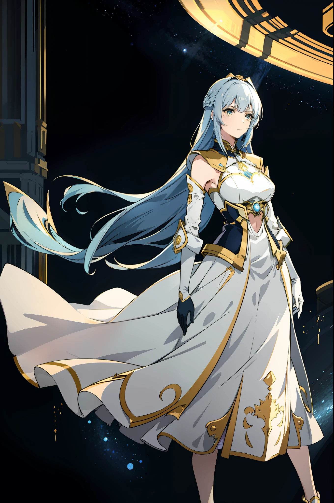 ((Ayaka)), Eine atemberaubend schöne Frau mit langen, wallendes blaues Haar, strahlt Anmut und Eleganz aus, als sie vor mir steht. Ihr zartes langes weißes Kleid ist mit wunderschönen goldenen Verzierungen geschmückt, die die Kurven ihrer (Dekollete:0.3). Die Szene spielt im Inneren eines Raumschiffs, voller beeindruckender Technologie und dem leisen Summen des Weltraums.