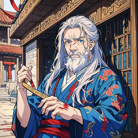 Masterpiece, outdoor, daytime, ancient China, ancient, 1 old man, wrinkled face, in a cage, long hair, gray hair, tied hair, inj...