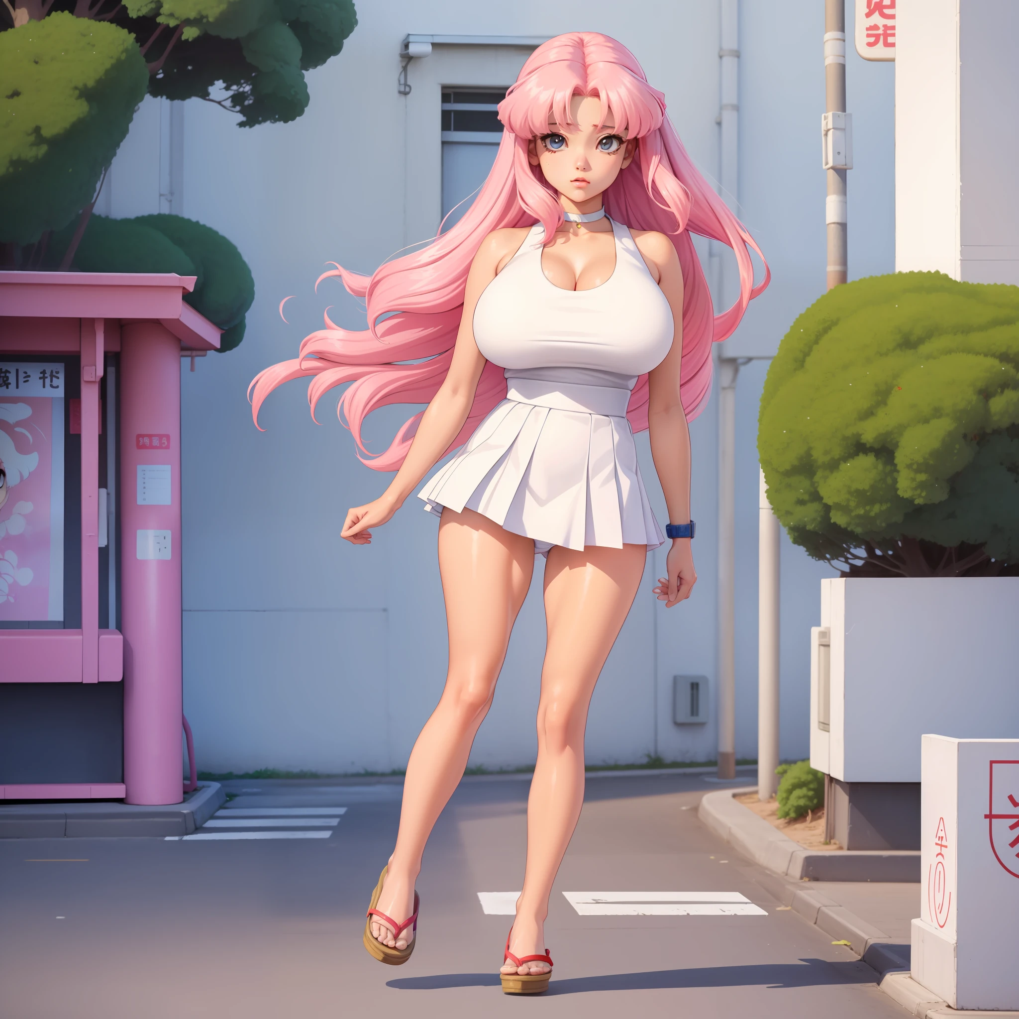 une jeune fille de 16 ans, elle porte des vêtements de lycée japonais, aux longs cheveux blancs et brillants, gros et beaux seins, elle est dans la rue et le vent soulève sa robe et montre sa culotte rose, Style animé rétro, Anime des années 80, Anime rétro des années 80, Style de cellule d&#39;animation japonaise, couleurs vives et ombres solides