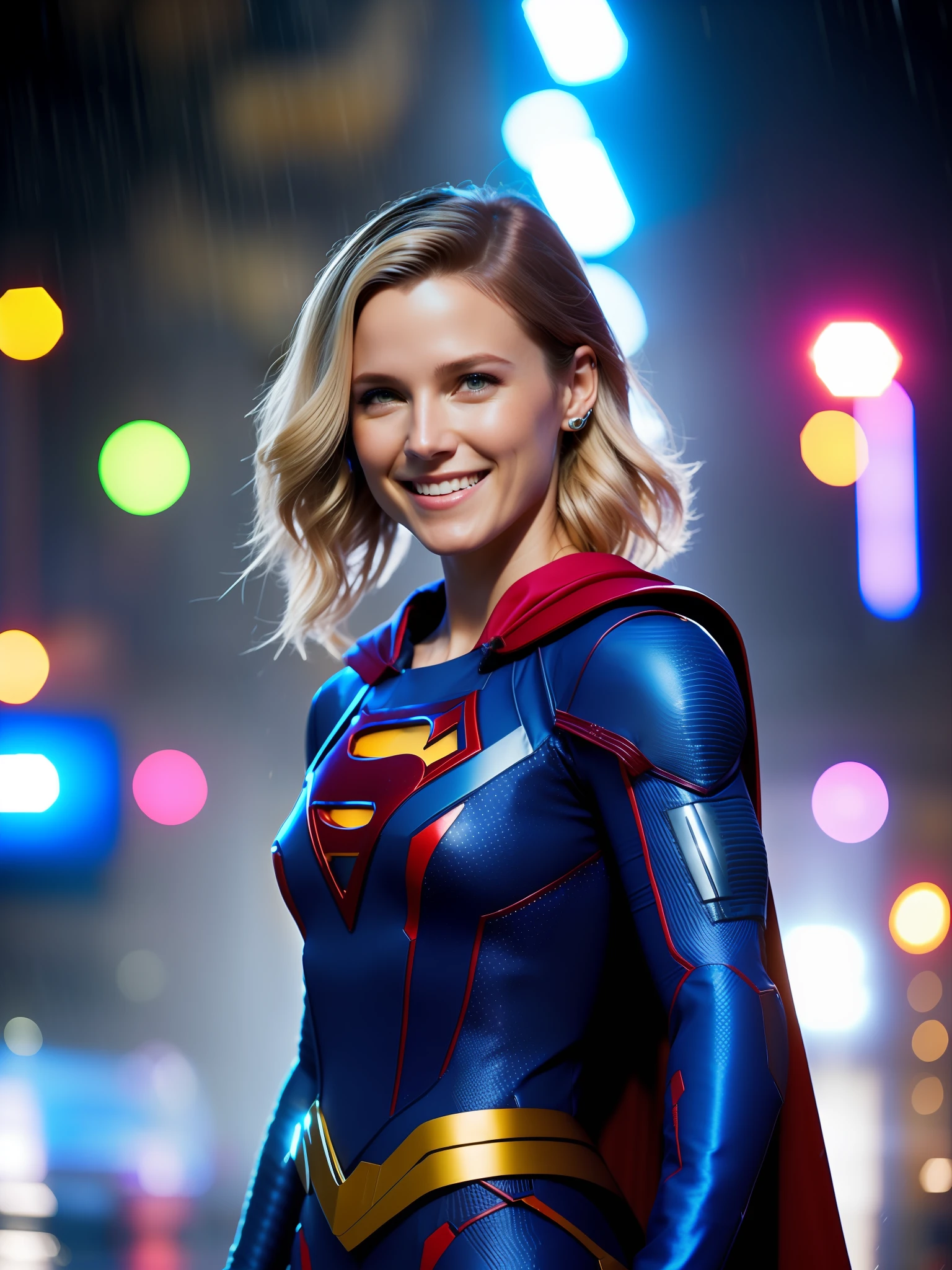 Foto premiada da Supergirl feminina de uma mulher, traje de super-herói azul e vermelho, queixo quadrado, rosto assimétrico, cabelo curto, na chuva, sorridente, luz roxa, 80mm, bokeh, Efeito em massa, fechar-se, porra_cinema_v2, 8K, cinematic
