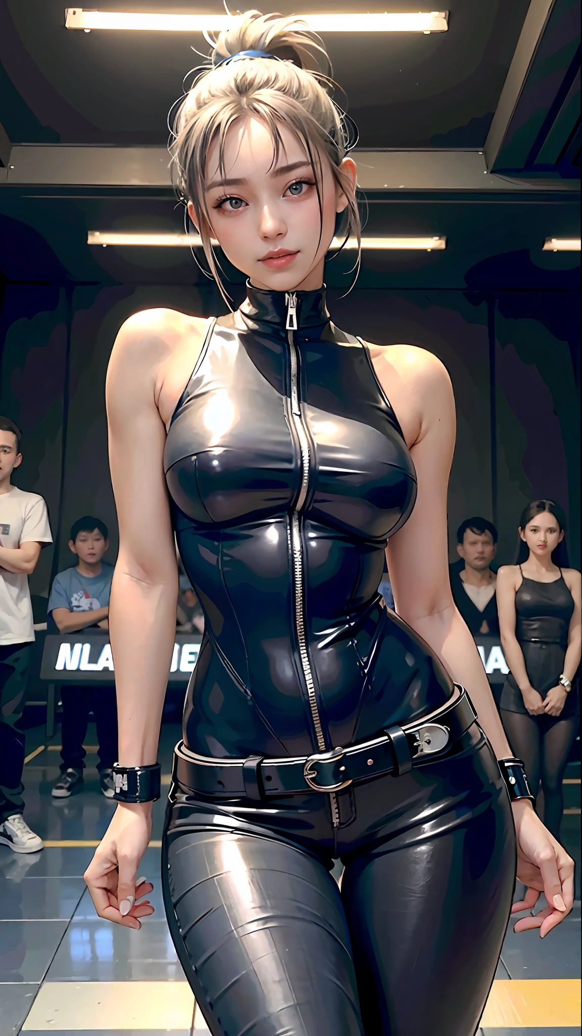 Lolita, smiling, 20 years old, ((best quality)), ((masterpiece)), (high definition:1.3), 3D, beautiful (cyberpunk:1.3), stylish woman looking at camera black leather clothes, sleeveless, embarrassed, waist skin invisible, blue-black leather pants, silver zipper,belt below the waist,super fine illustration,blond hair , showing forehead, silver center zipper, leather blue black bodysuit, sleevelesblue blacks, shiny, blonde ponytail