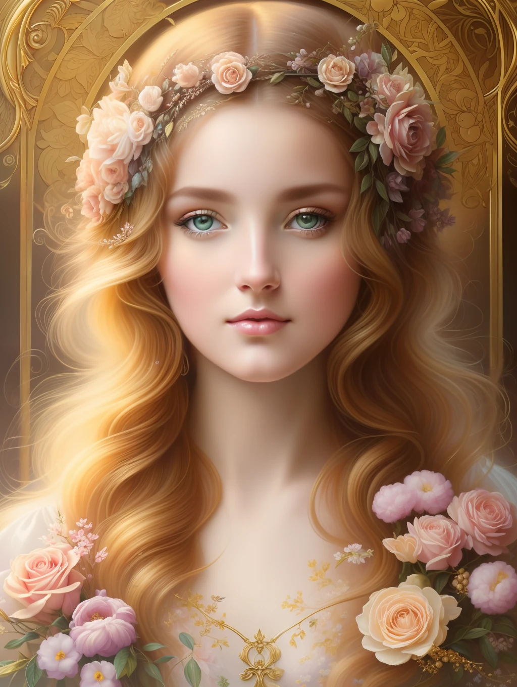 A extreme clise-up botanical masterpiece in the style of Emile Vernon, detailed, hyper-realistic, elemets of symbolism and surrealism, a painting by mse an insanely beautiful woman by Emile Vernon, luminous design, pastel colours, gold, ink drips, autumn lights, intricate design, intertwined, perfect beautiful woman, flowers, pastel, gold.