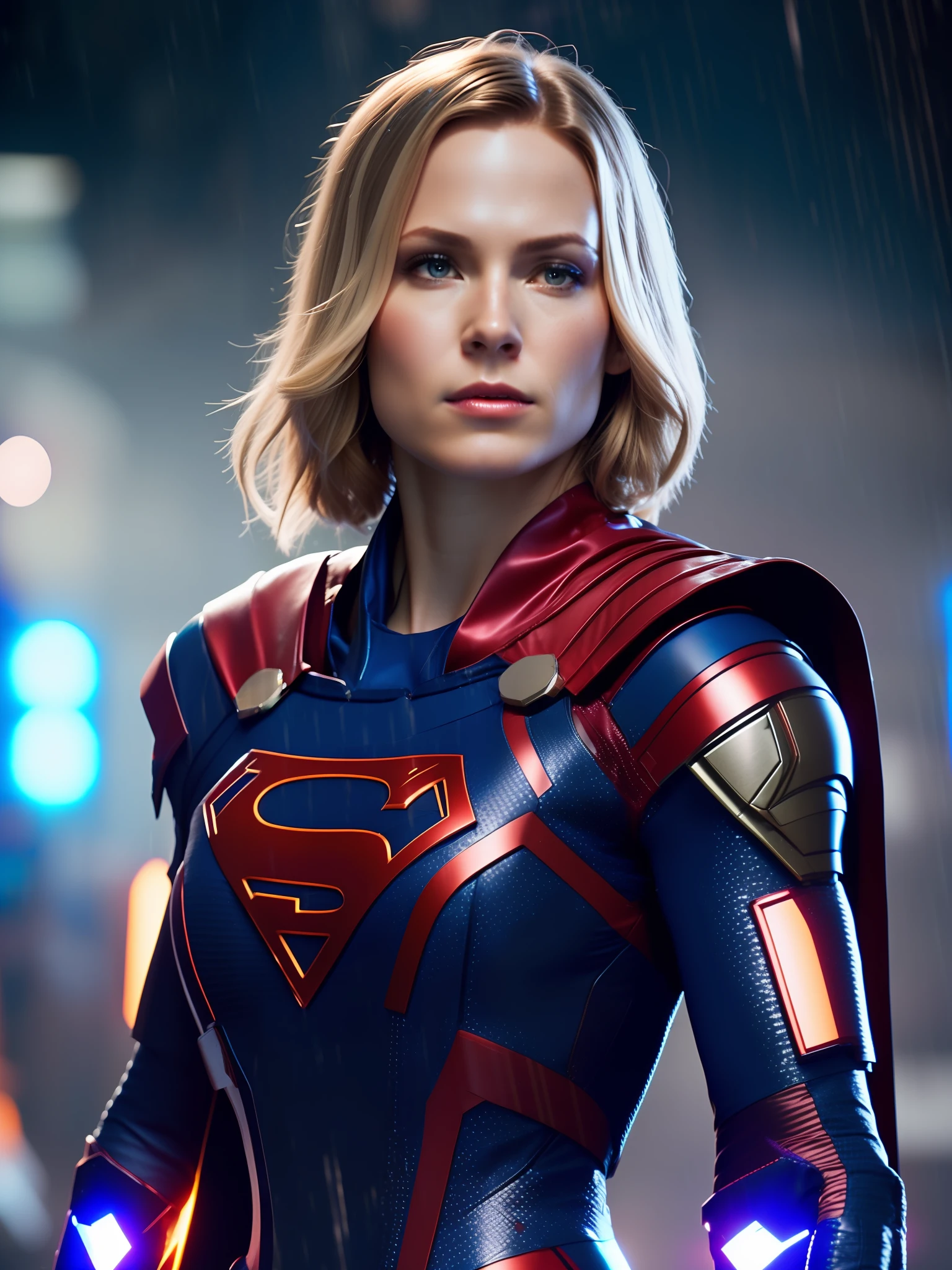Female Supergirl award-winning photo of a woman, blue and red superhero suit, square jawline, asymmetric face, short hair, in rain, sad, purple light, 80mm, bokeh, mass effect, close up, fking_cinema_v2, 8k, cinematic