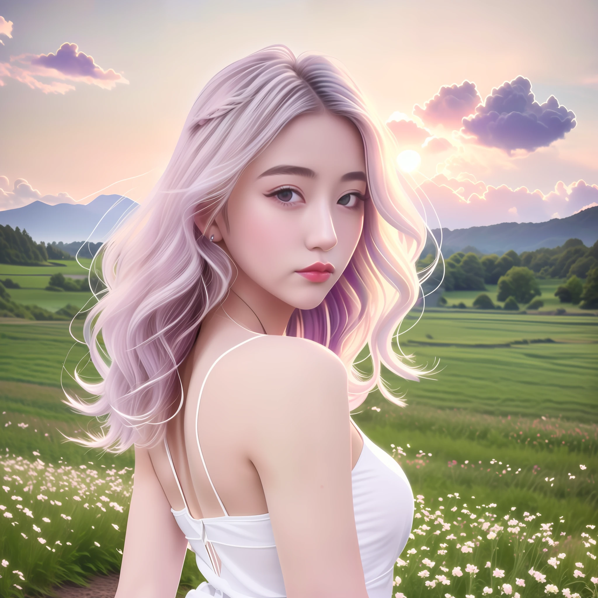 Photorealistic, cinematic lighting, contrast, sky with beautiful clouds illuminated by sunlight, dramatic lighting, godrays, beautiful young women looking back at the viewer, happy, white hair, curly wavy hair, beautiful face, flower field, landscape filled with vibrant flowers,