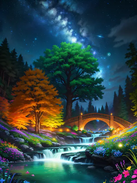 masterpiece, best quality, high quality, extremely detailed cg unity 8k wallpaper, an extremely colorful and purely fantasy environment with vibrant hues and a bright night sky, sky full of stars, landscape of bright green grass, colorful trees, glittering...