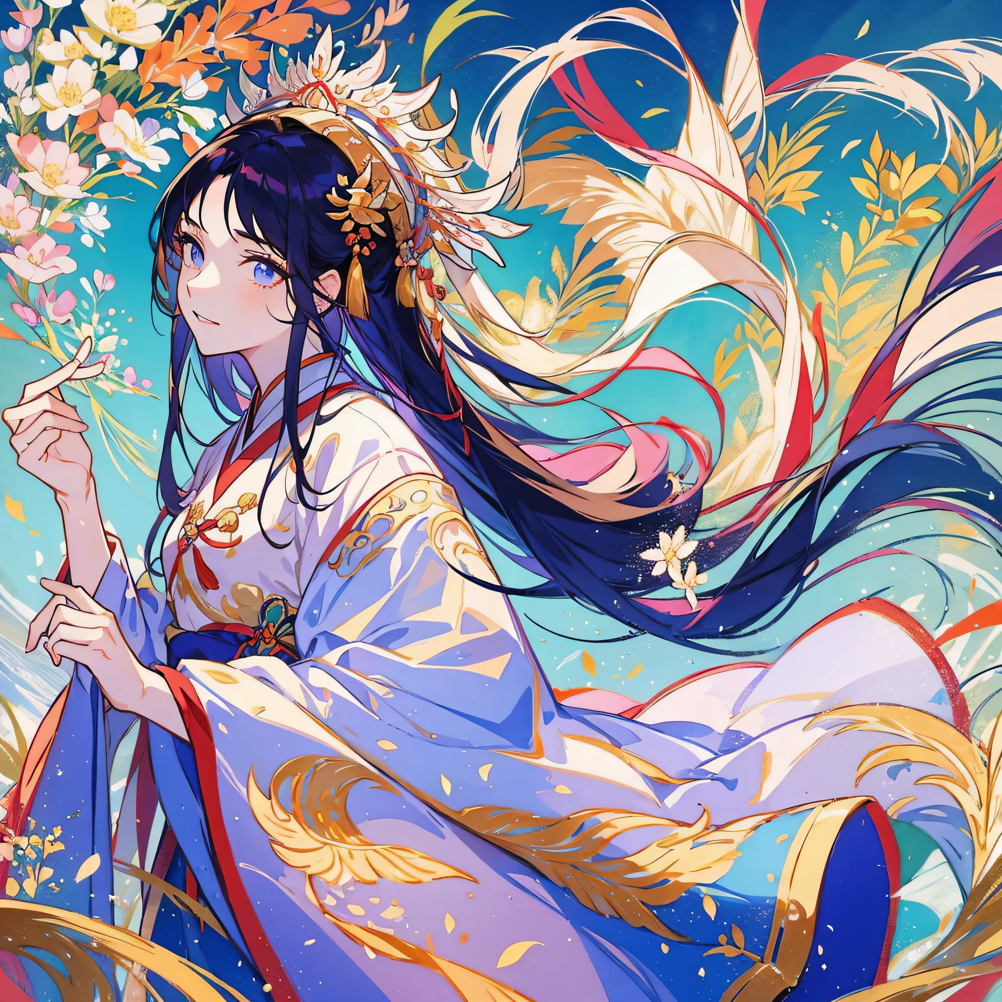 Masterpiece, 1 girl, Hanfu, long hair, delicate headdress, delicate long skirt, look up at the sky