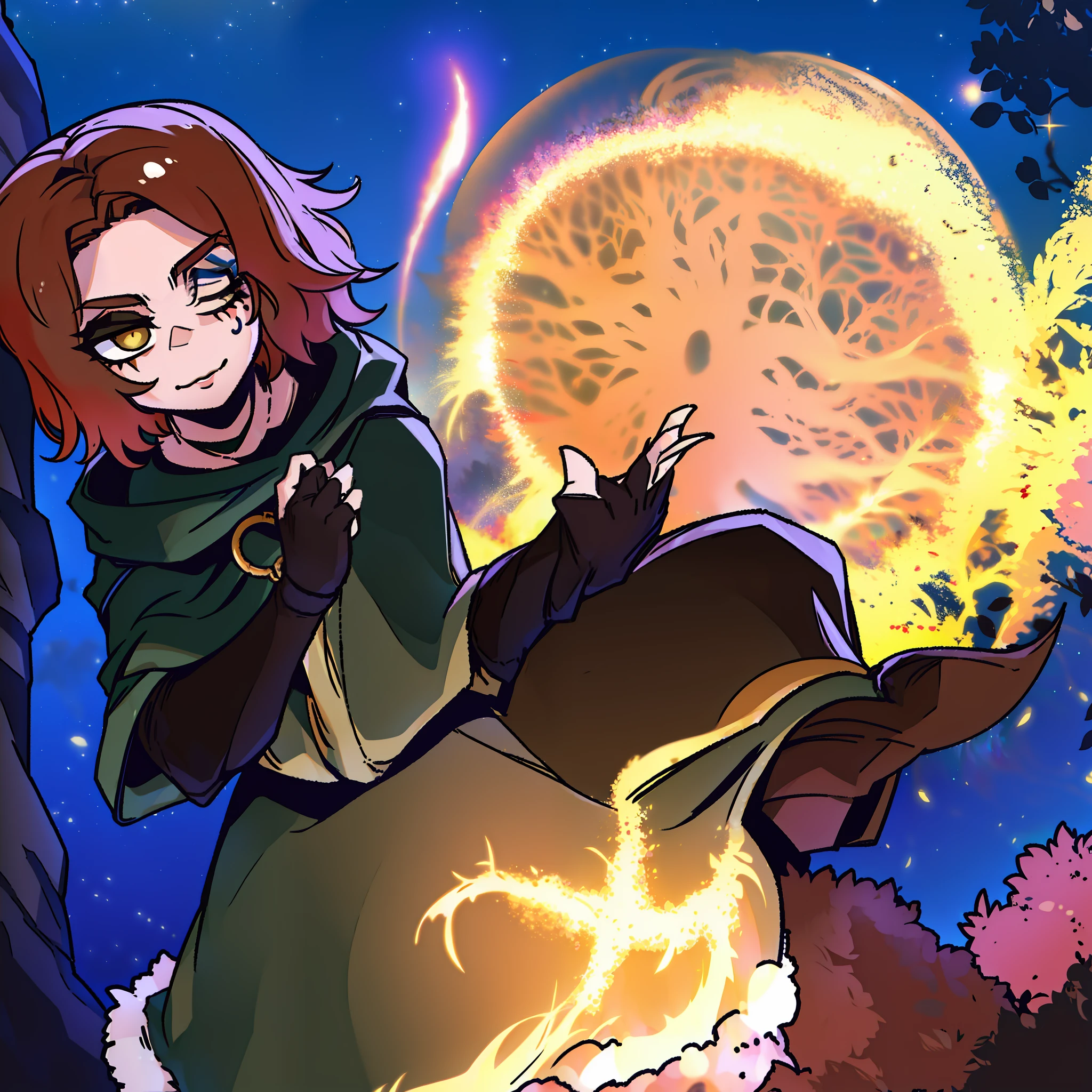 melina \(elden ring\), detailed background, ((night)), dark, erdtree in the distance, 1girl, black background, brown eyes, brown hair, cloak, green cloak, long sleeves, looking at viewer, one eye closed, short hair, solo, standing, tree, solo, yellow eyes, (pink hair:0.7), facial tattoo, expressionless, :|, tottoo on eye, eye scar , ((masterpiece)), golden, gold, divine